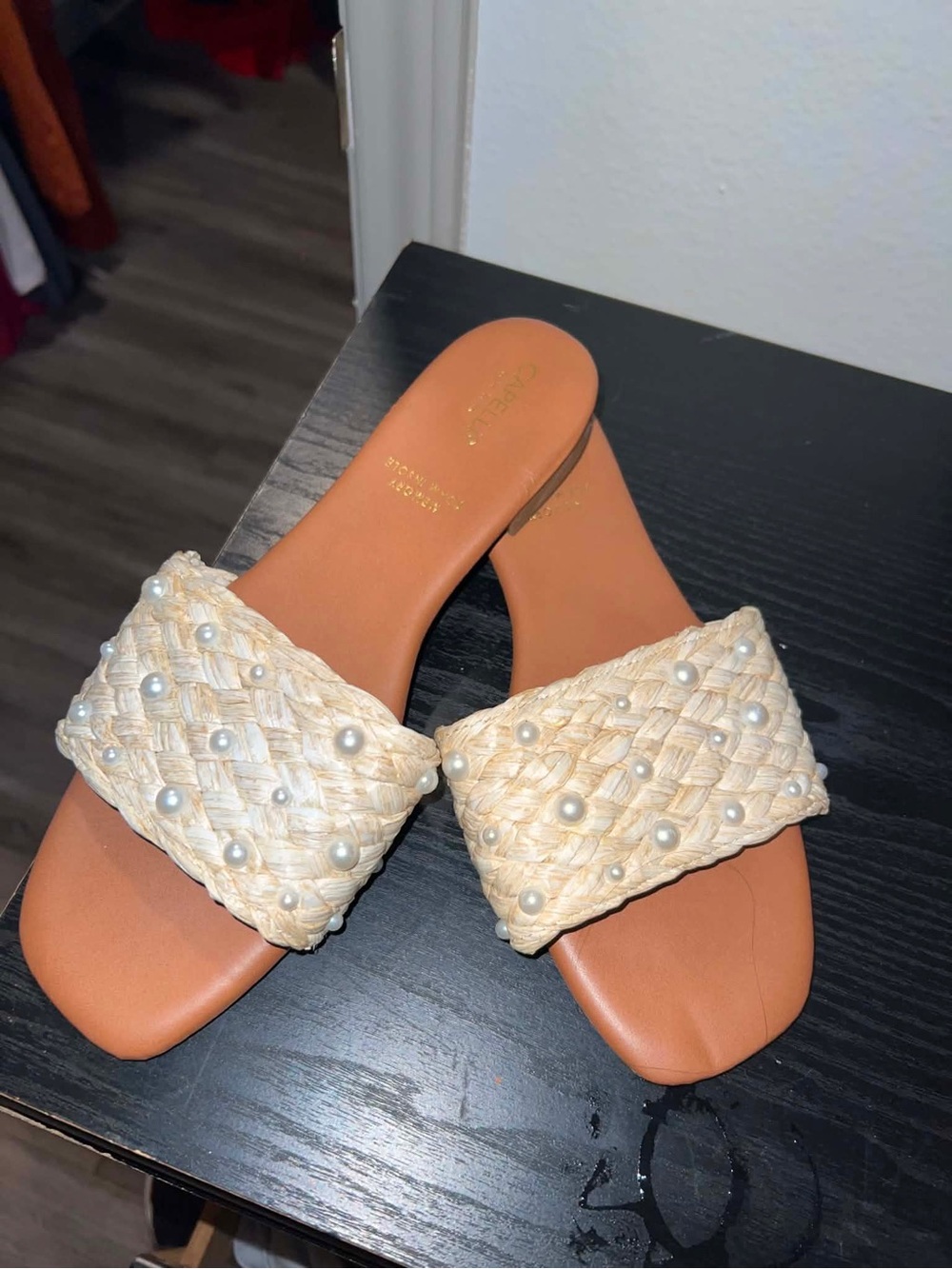 Capelli of New York Cream Woven Pearl-Embellished Slide Sandals